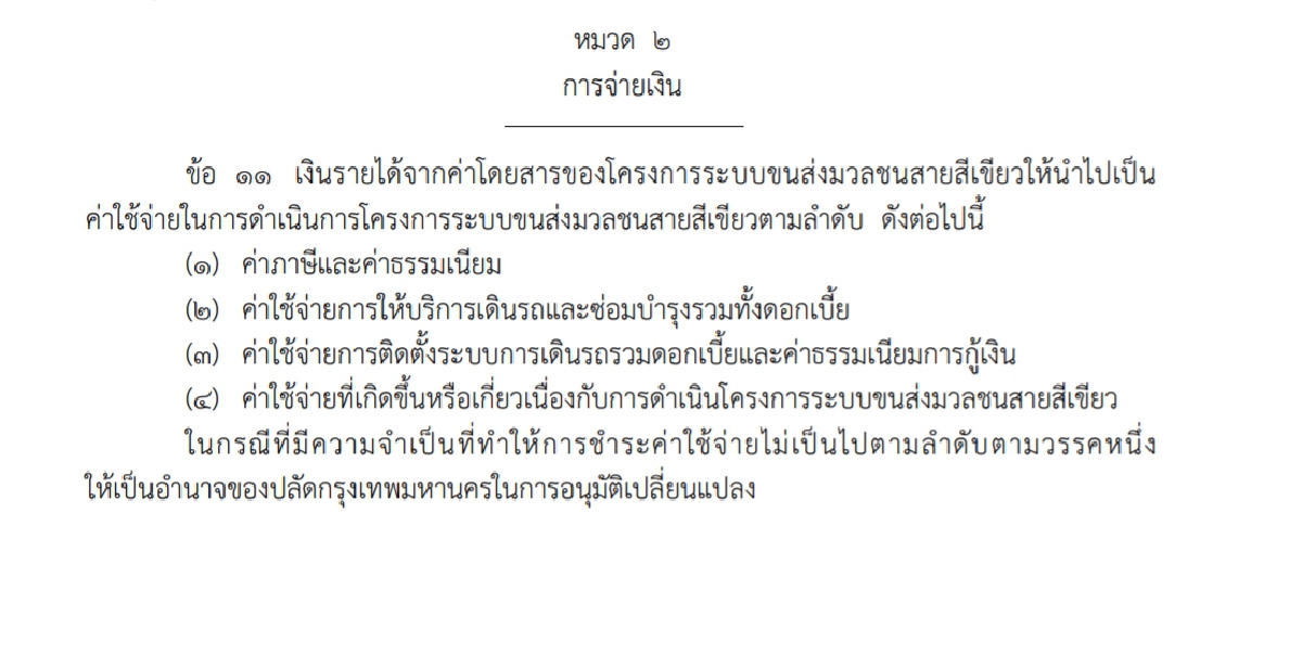 คลอดแล้วระเบียบกทม.ว่าด้วยเงินรายได้จากค่าโดยสาร"รถไฟฟ้าสายสีเขียว"