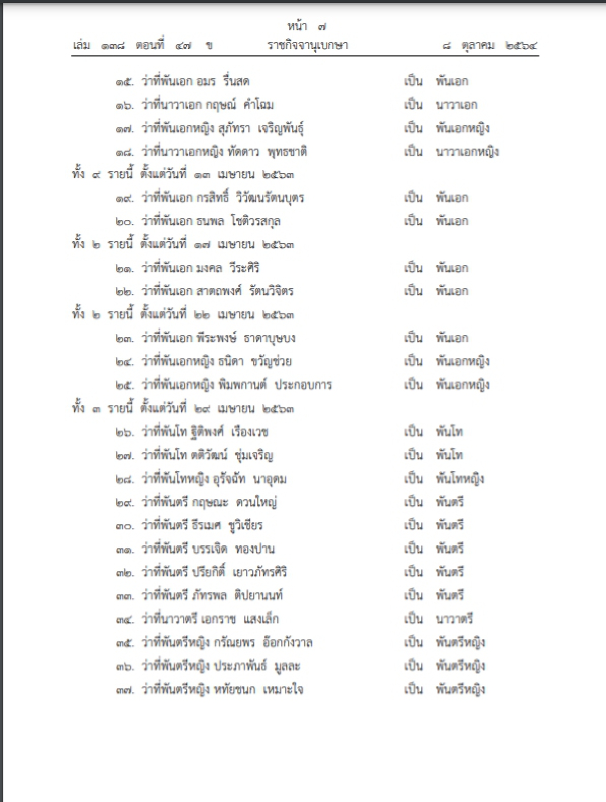 "ราชกิจจาฯ" โปรดเกล้าฯพระราชทานยศทหารต่ำกว่าชั้นนายพล 9,814 ราย