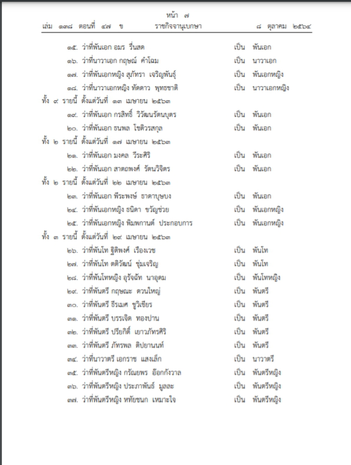 "ราชกิจจาฯ" โปรดเกล้าฯพระราชทานยศทหารต่ำกว่าชั้นนายพล 9,814 ราย