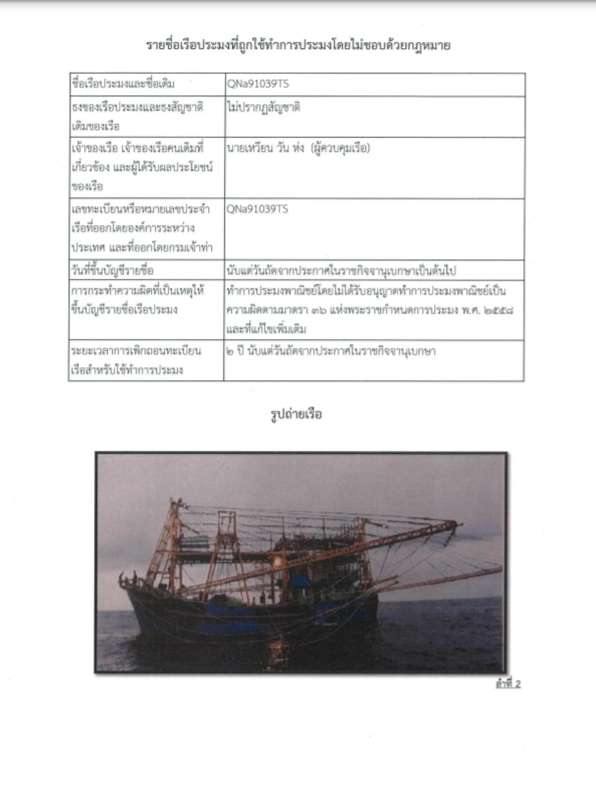 ราชกิจจาฯ  ออกประกาศ ขึ้นบัญชีรายชื่อเรือประมงกระทำผิดกฎหมาย
