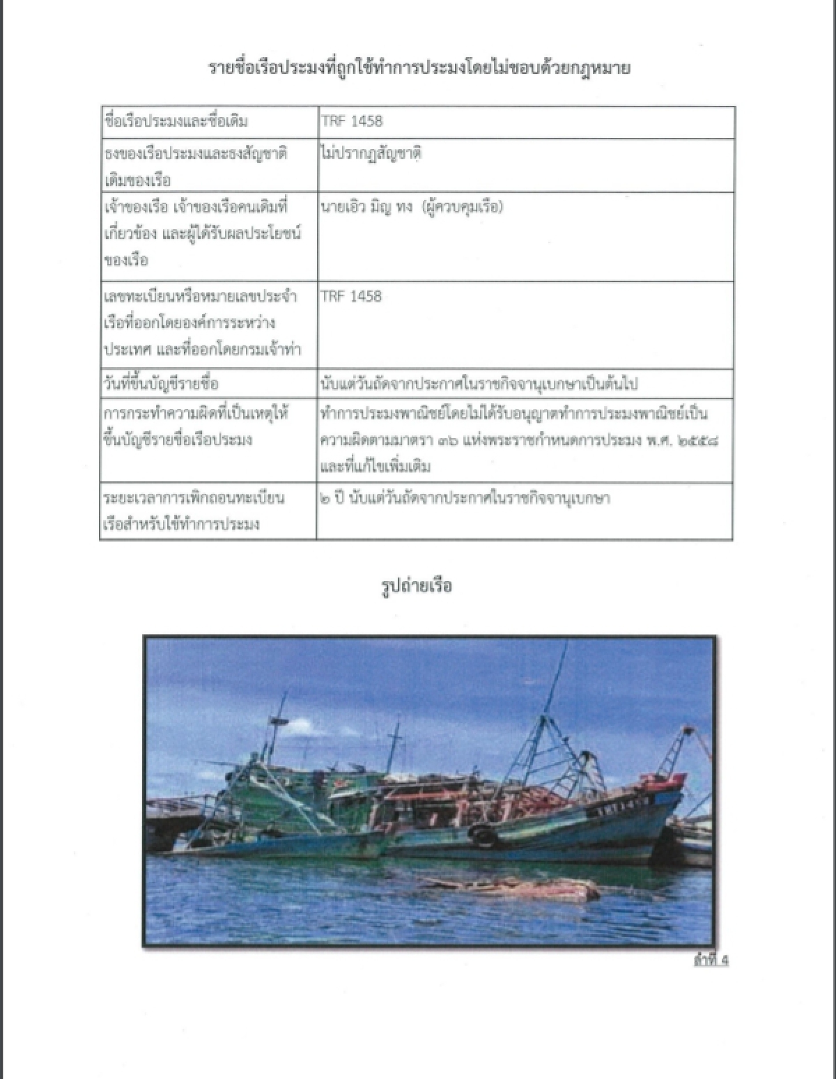 ราชกิจจาฯ  ออกประกาศ ขึ้นบัญชีรายชื่อเรือประมงกระทำผิดกฎหมาย