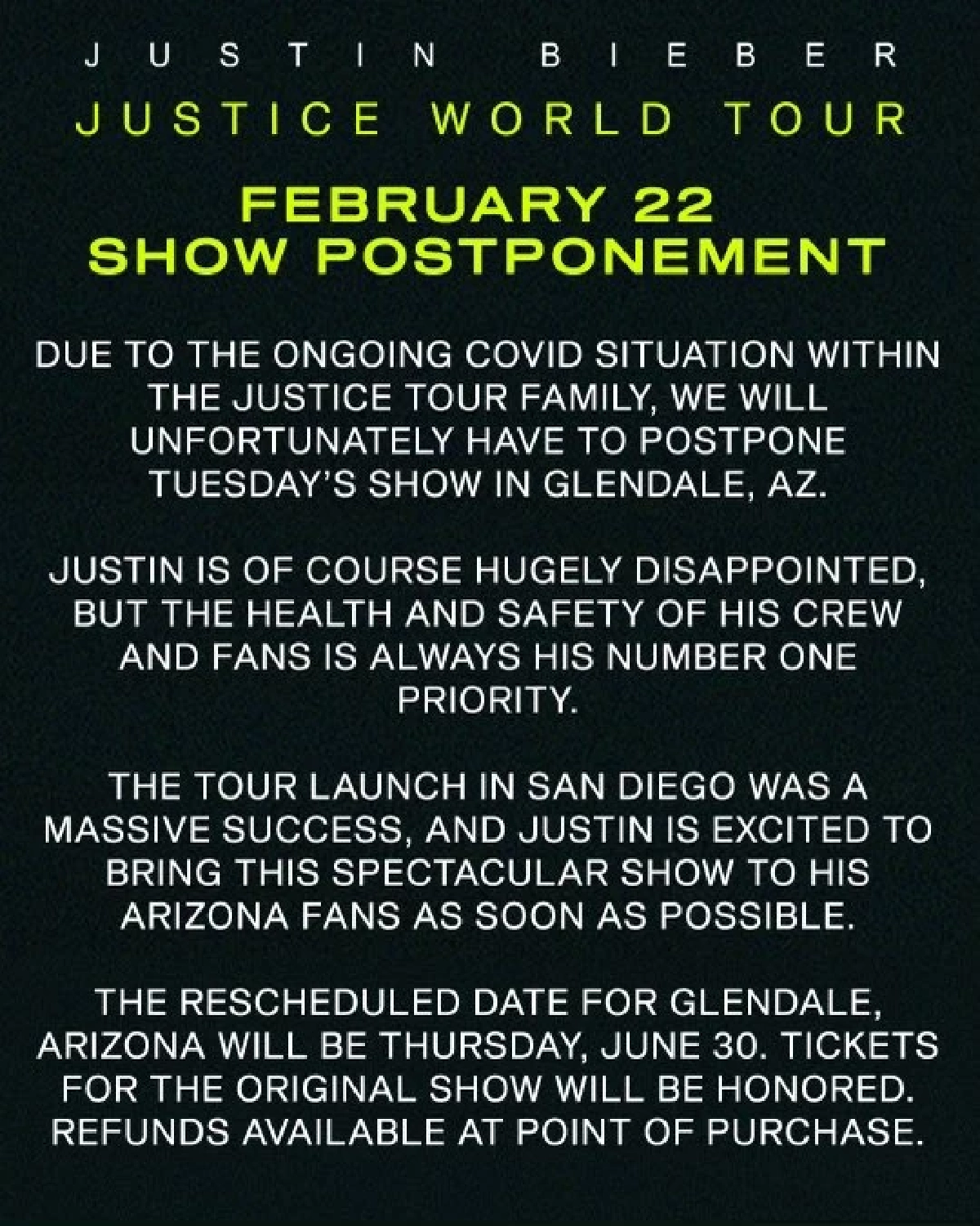 "จัสติน บีเบอร์" ซุปเปอร์สตาร์ระดับโลก "ติดโควิด-19" ยกเลิกคอนเสิร์ตด่วน