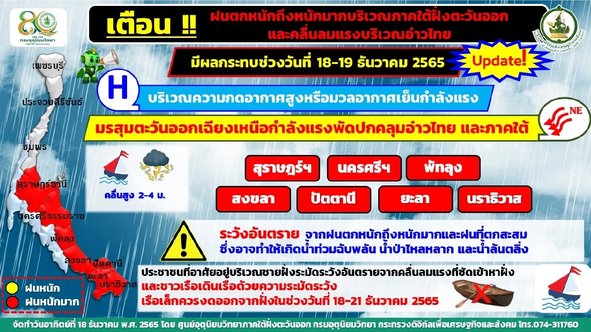 กรมอุตุฯ เตือนภาคใต้ฝั่งตะวันออก ฝนตกหนัก ถึงหนักมาก 