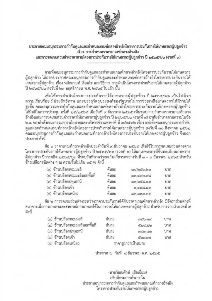 ประกาศการกำหนดราคาเกณฑ์กลางอ้างอิง