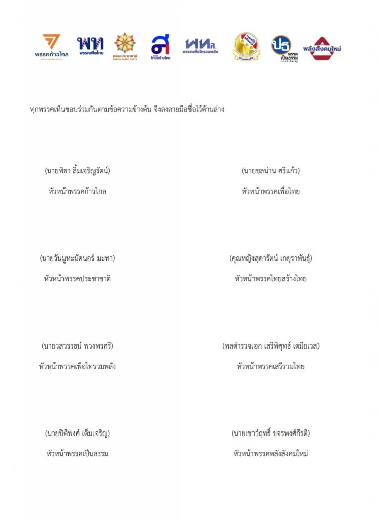 บันทึกข้อตกลงร่วม หรือ เอ็มโอยู MOU จัดตั้งรัฐบาล 2566 ของ 8 พรรคการเมือง ก้าวไกล เพื่อไทย ประชาชาติ ไทยสร้างไทย เสรีรวมไทย เพื่อไทรวมพลัง เป็นธรรม และพลังสังคมใหม่