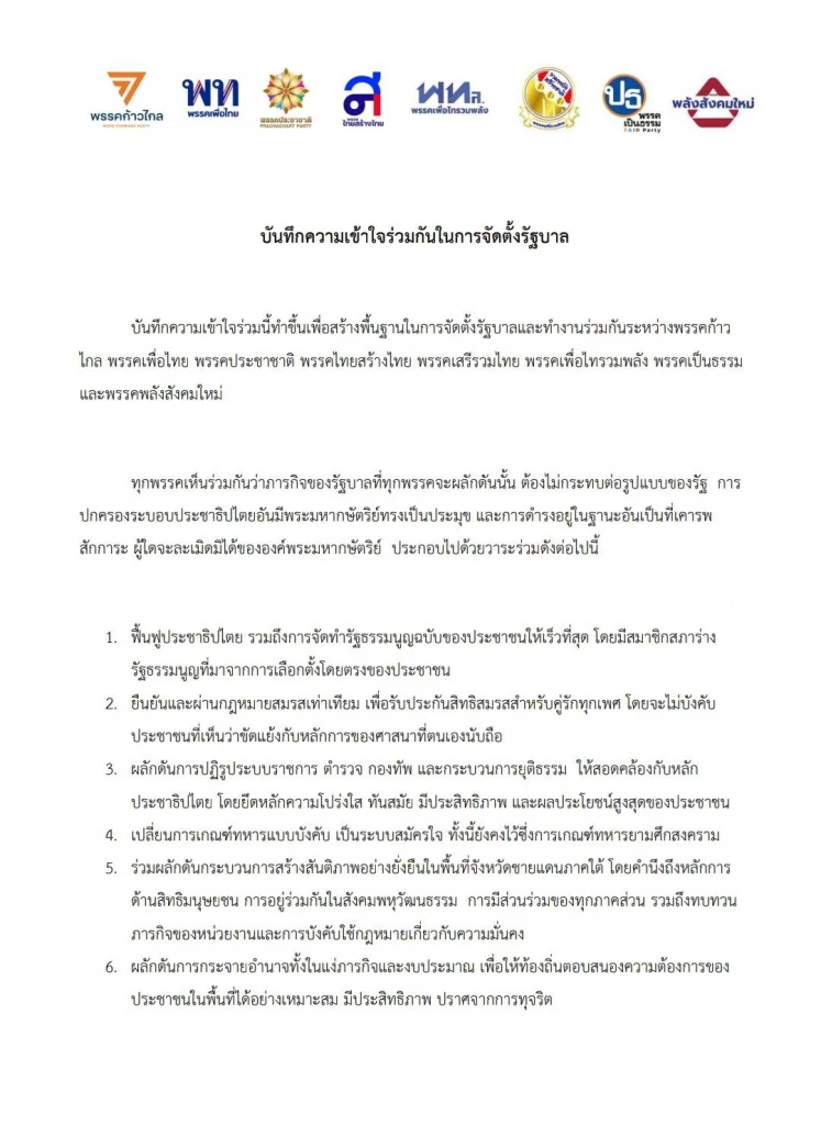 บันทึกข้อตกลงร่วม หรือ เอ็มโอยู MOU จัดตั้งรัฐบาล 2566 ของ 8 พรรคการเมือง ก้าวไกล เพื่อไทย ประชาชาติ ไทยสร้างไทย เสรีรวมไทย เพื่อไทรวมพลัง เป็นธรรม และพลังสังคมใหม่
