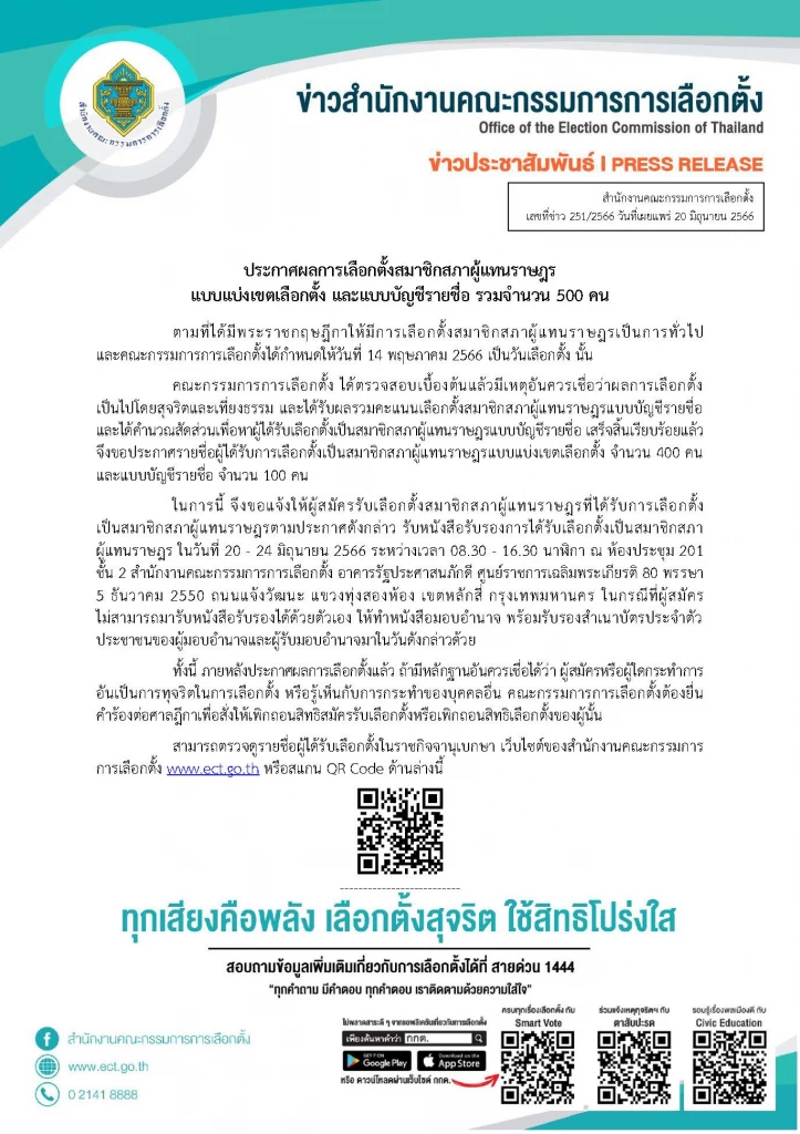 กกต.แจ้งเตือนรับหนังสือรับรอง สส. และยังสามารถตรวจสอบทุจริตเลือกตั้งได้  