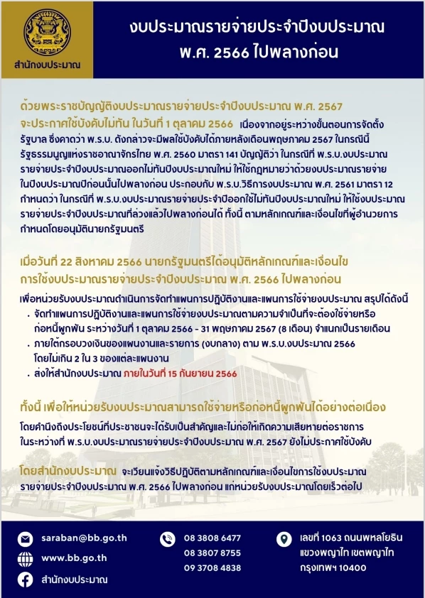 ประกาศสำนักงบประมาณเรื่องการใช้งบฯตามกรอบปี 2566