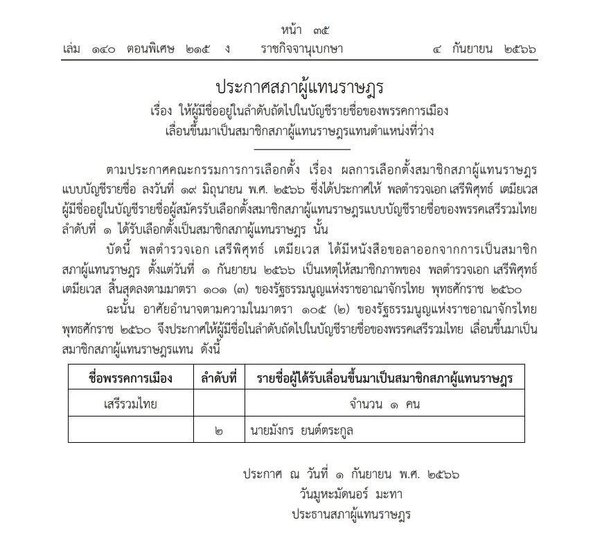 ราชกิจจาฯ ประกาศ เลื่อน ‘มังกร ยนต์ตระกูล’ เป็น สส. แทน ‘เสรีพิศุทธ์’