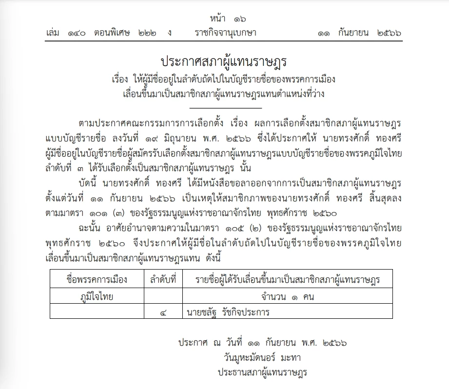 ราชกิจจาฯ เผยแพร่ ‘ชลัฐ รัชกิจประการ’ เลื่อน เป็น สส.แทน ‘ทรงศักดิ์’
