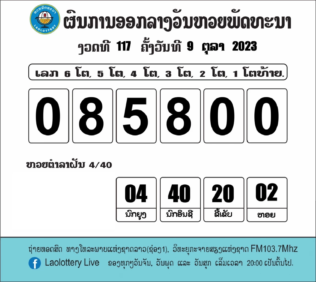ผลหวยลาว งวด 9 ตุลาคม 2566