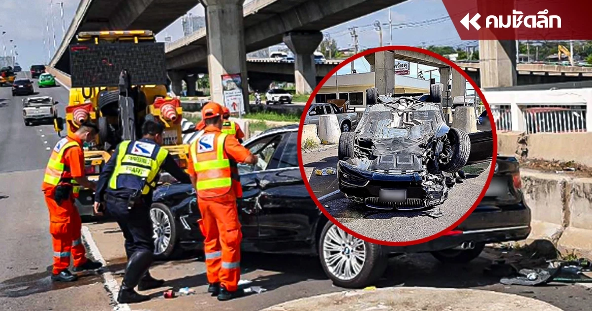 รถขึ้นทางด่วนแค่ 40 กม.ต่อ ชม. เผลอนิดเดียวรถชนเสาปูนพลิกหงายอย่างจัง 