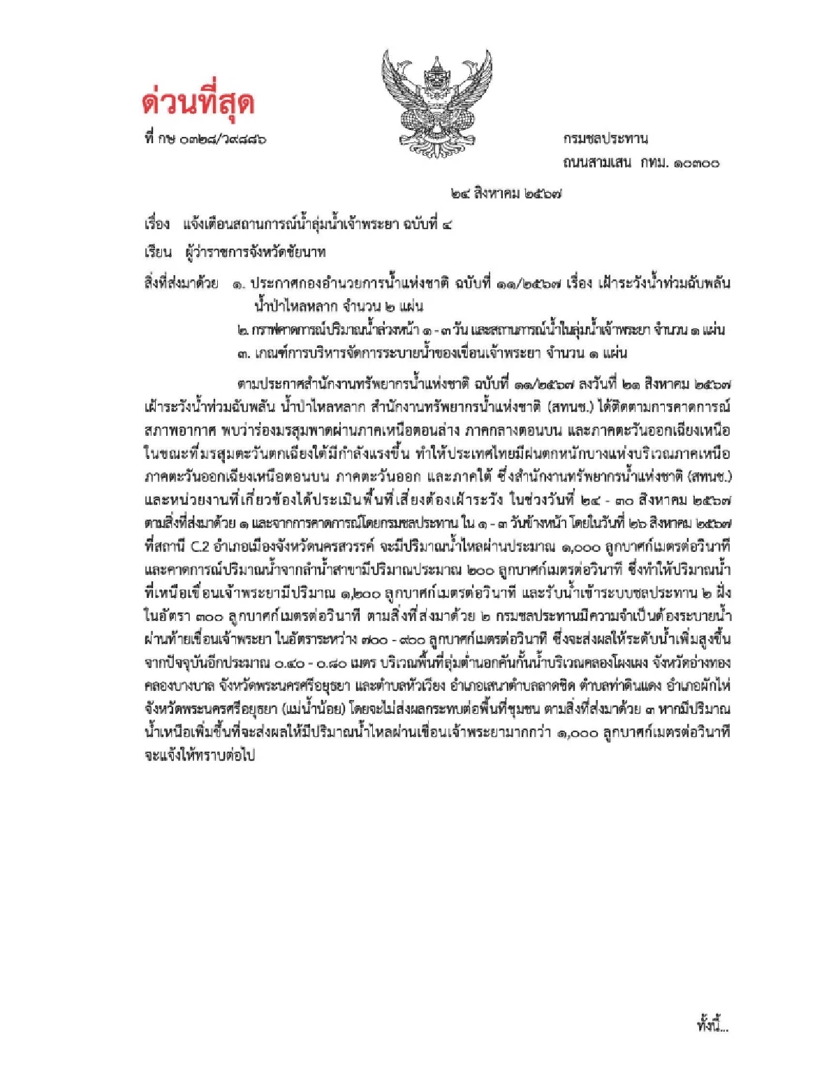 ชลประทานฯ เตือน ฉบับที่ 4 เขื่อนเจ้าพระยา ระบายน้ำเพิ่ม 11 จังหวัดเตรียมรับมือ
