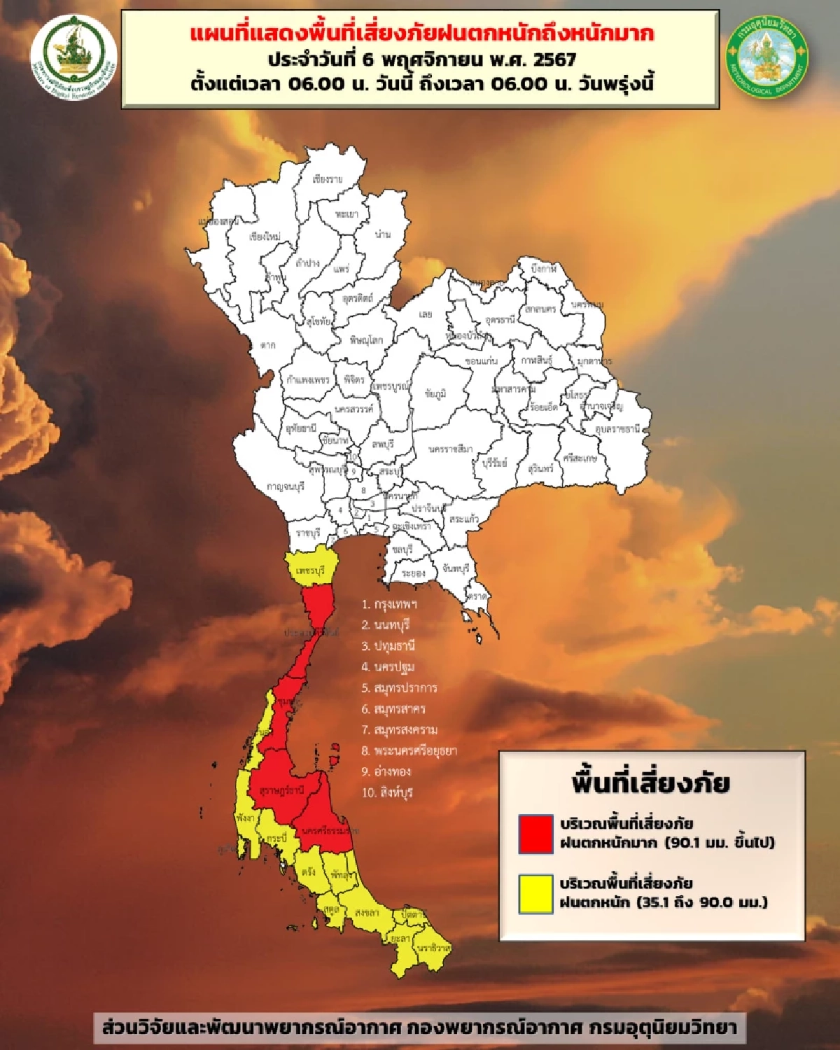 พยากรณ์อากาศวันนี้ 6 พ.ย. 67 กรมอุตุฯเตือนฉบับ12 ฝนตก 10 จว. ตอนบนอากาศเย็น