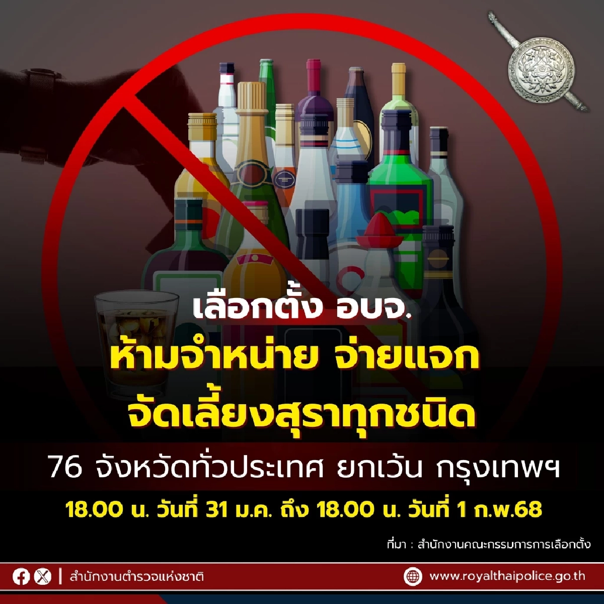 กกต. ห้ามจำหน่ายสุรา-จัดเลี้ยง 31 ม.ค. -1 ก.พ. ยกเว้น 1 จังหวัด