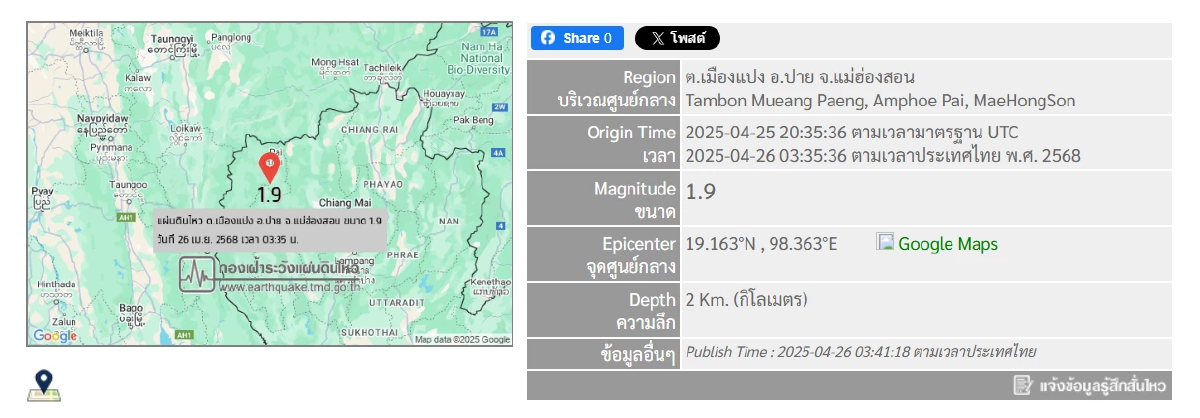 \"แผ่นดินไหว\"26 เม.ย. ไทยไหวอีก 2 ครั้ง พิกัดคือ รวมสะเทือน 12 ครั้ง