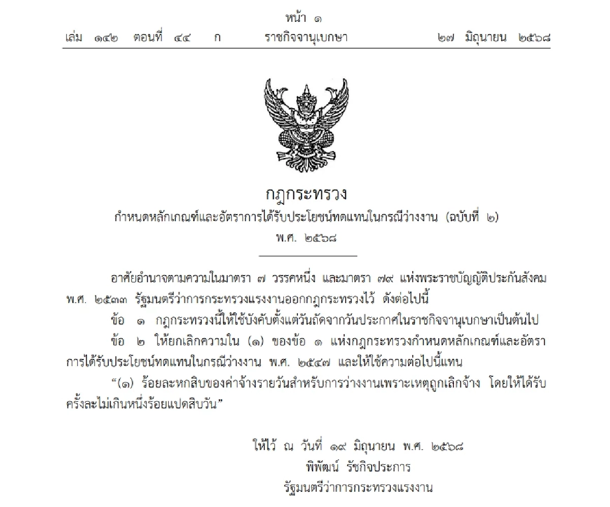 มีผลบังคับใช้แล้ว! เพิ่มเงินชดเชยว่างงาน ผู้ประกันตน ม.33 สูงสุด 9 พันบาท