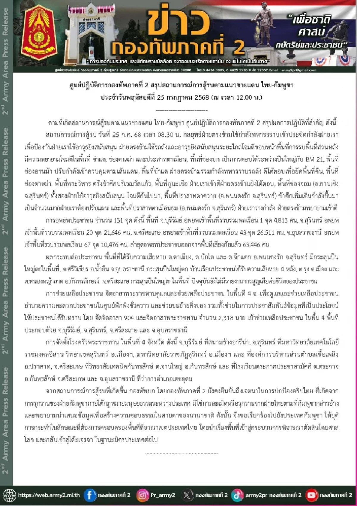 \"กองทัพภาคที่ 2\" สรุปสถานการณ์ 25 ก.ค. 2568 มีการตอบโต้ ระหว่างปืนใหญ่ กับ BM 21