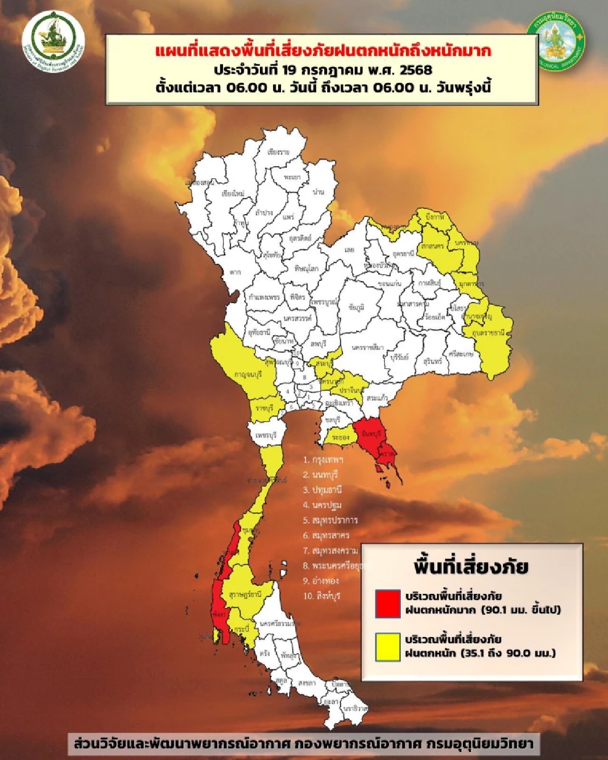 \"พยากรณ์อากาศ วันนี้\" 19 ก.ค. 68 เตือน 4 จังหวัดเสี่ยงน้ำป่าไหลท่วม
