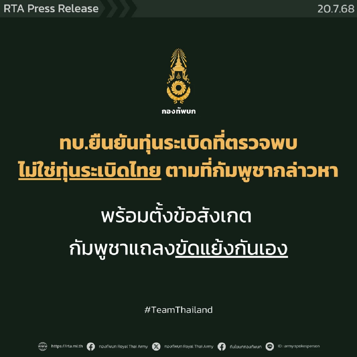 โฆษก ทบ.  ซัดกัมพูชา บิดเบือนข้อเท็จจริง กล่าวหาไทย ฝังทุ่นระเบิด