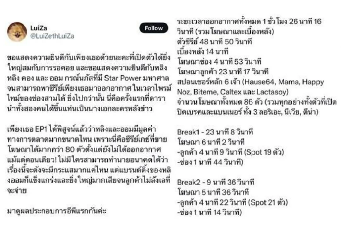 ทรงพลัง \"คู่จิ้นลูกรัก\" หลิง-ออม สร้างปรากฎการณ์ กวาดเงินมหาศาลเข้าช่อง 3