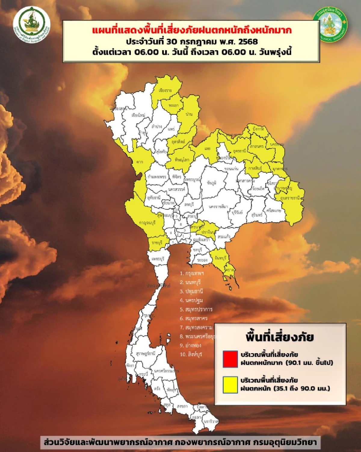 พยากรณ์อากาศวันนี้ 30 ก.ค. 68 อุตุฯ เตือน 7 จังหวัด ฝนตกหนัก เสี่ยงน้ำท่วม