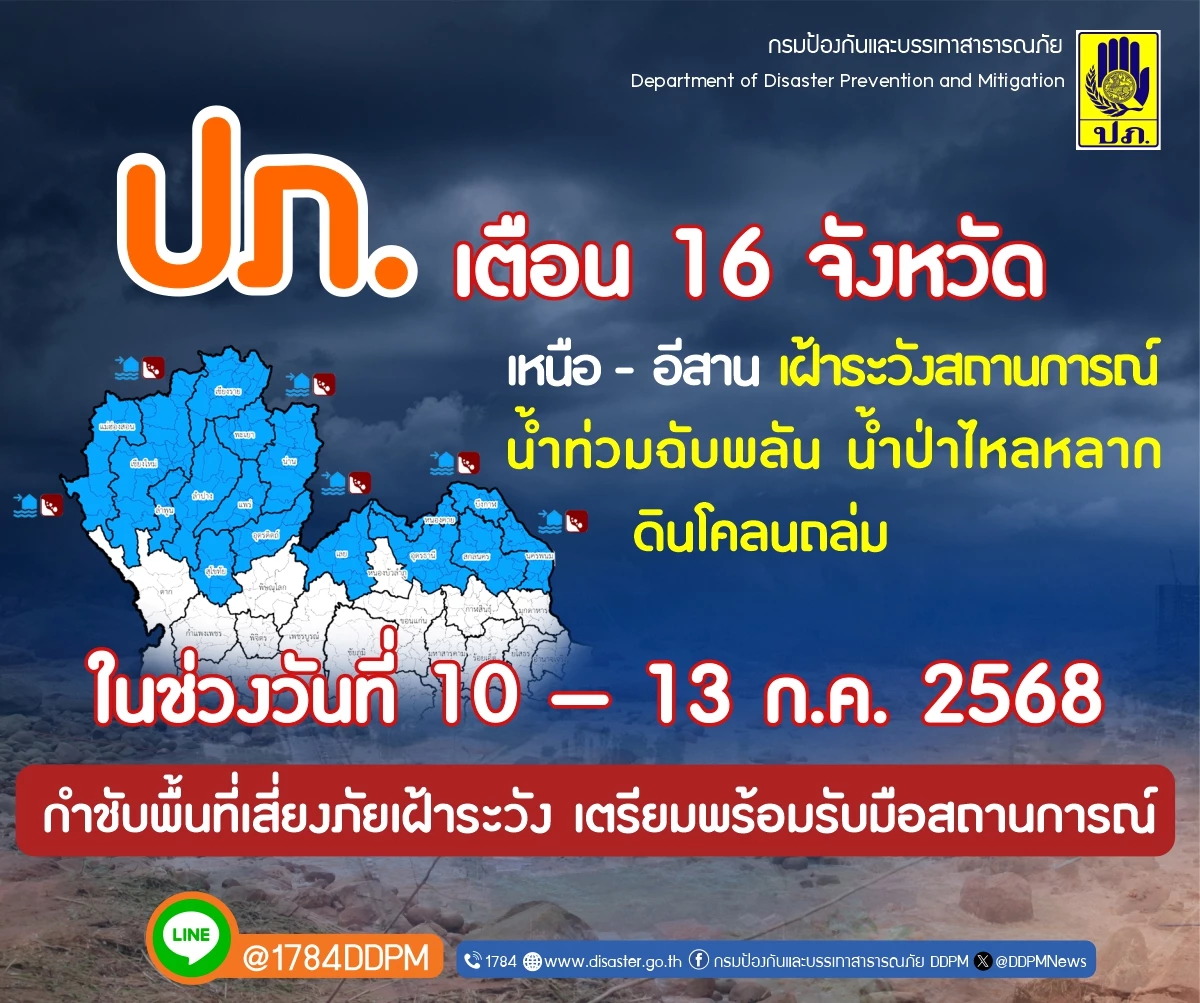 ปภ. เตือน 16 จังหวัด เฝ้าระวังน้ำท่วมฉับพลัน ดินโคลนถล่ม วันนี้-13 ก.ค. 68
