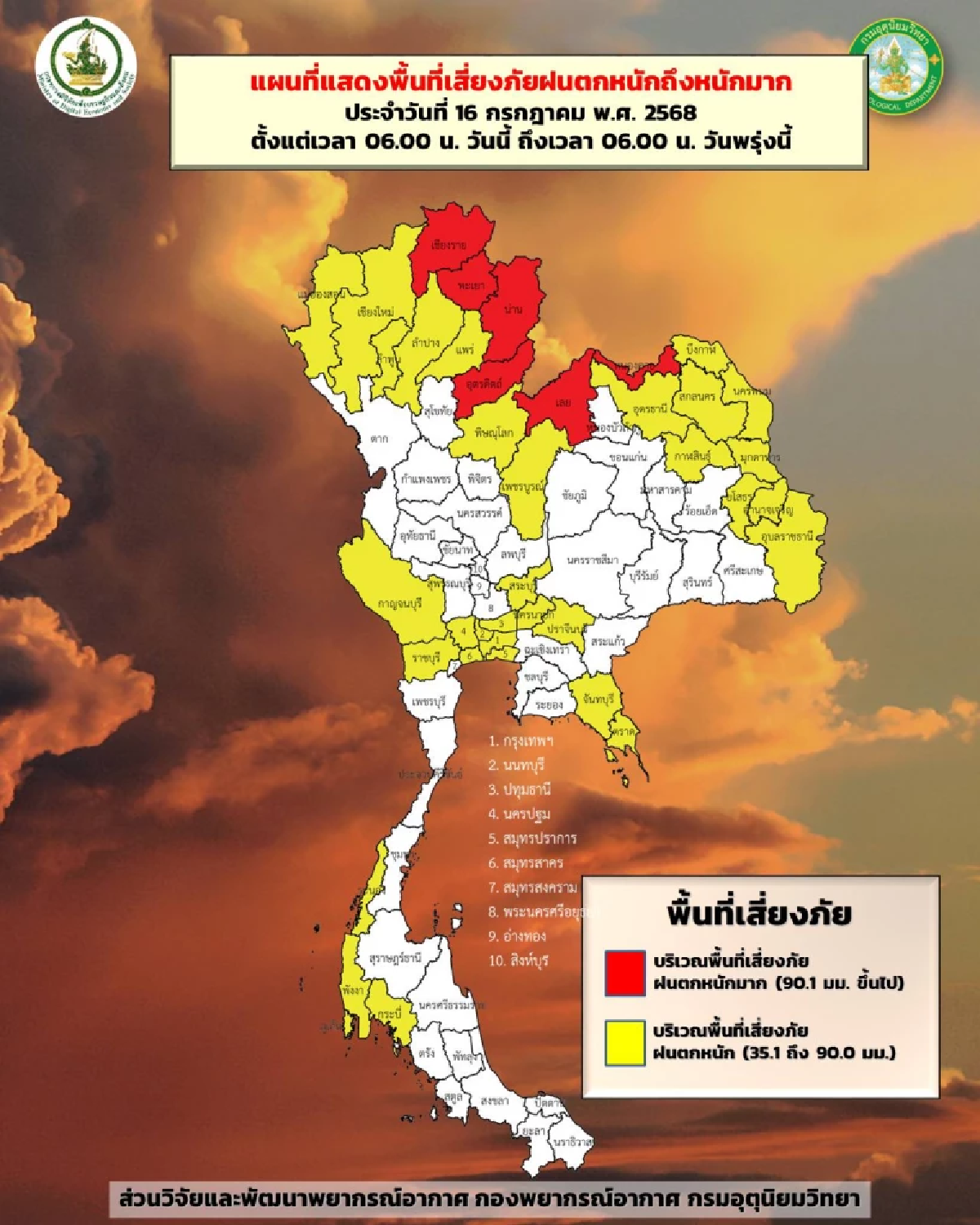 สภาพอากาศวันนี้ 16 ก.ค. 2568 อุตุฯ ประกาศรายชื่อจังหวัด ฝนตกหนัก 60-80%