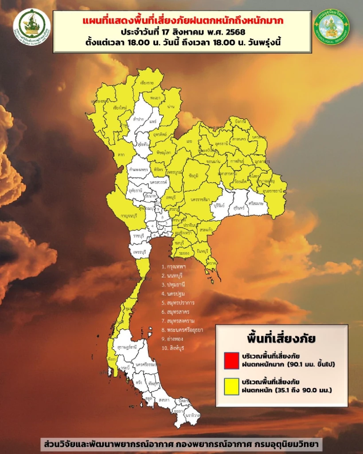 สภาพอากาศวันนี้ 17 ส.ค. 68 อุตุฯ เตือน \"10 จังหวัด\" รับมือฝนตกหนัก