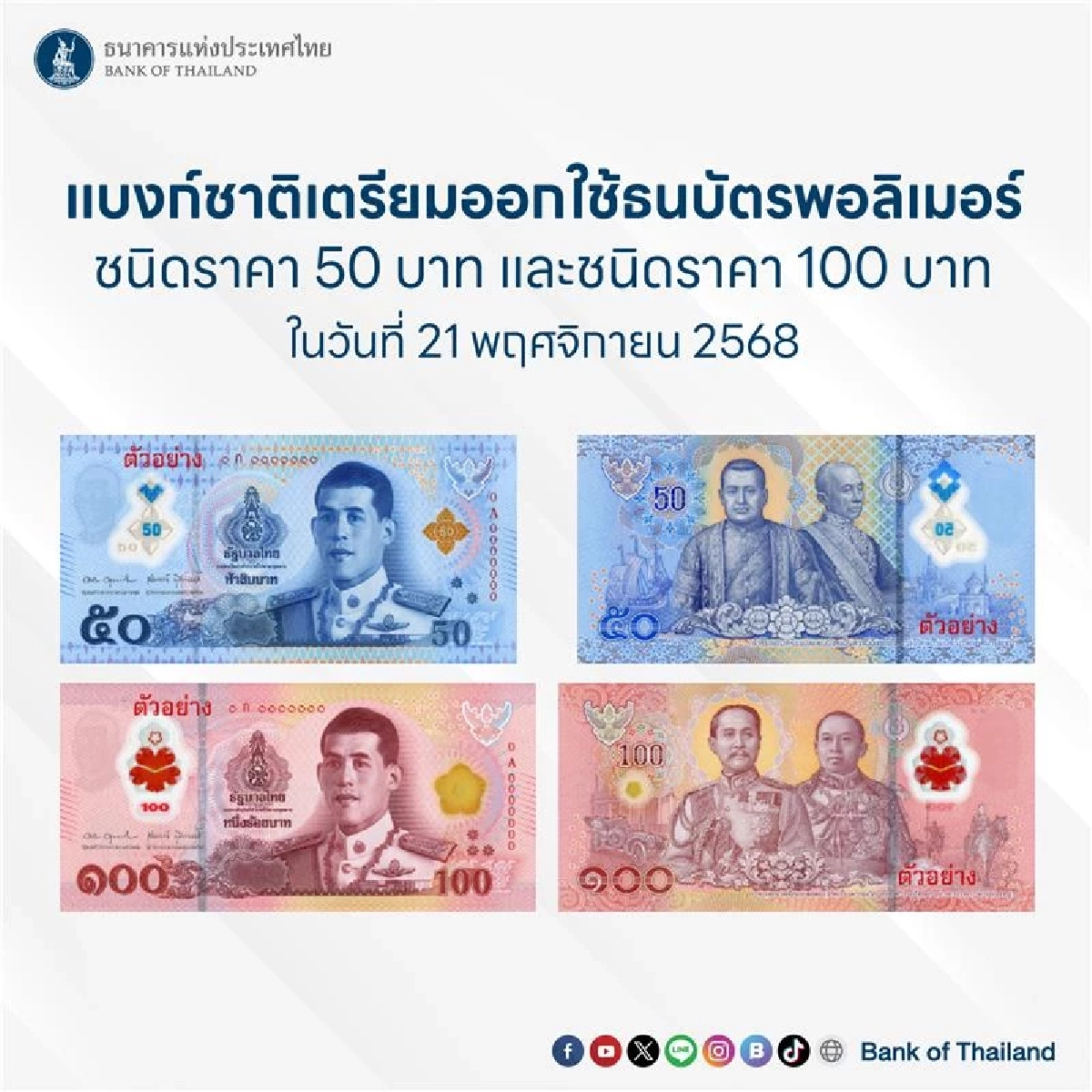 เริ่มใช้วันนี้ (21 พ.ย. 68)  แบงก์ชาติ ออกใช้ธนบัตรพอลิเมอร์ ชนิด 50 บาท และ 100 บาท