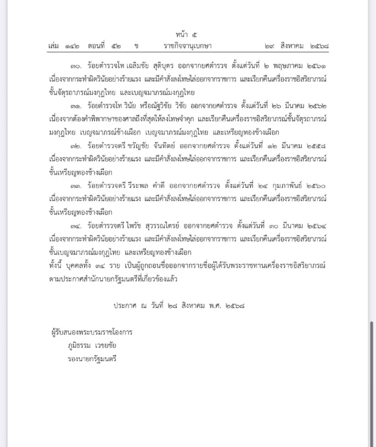 โปรดเกล้าฯ ถอดยศตำรวจ-เรียกคืนเครื่องราชอิสริยาภรณ์ จำนวน 34 ราย