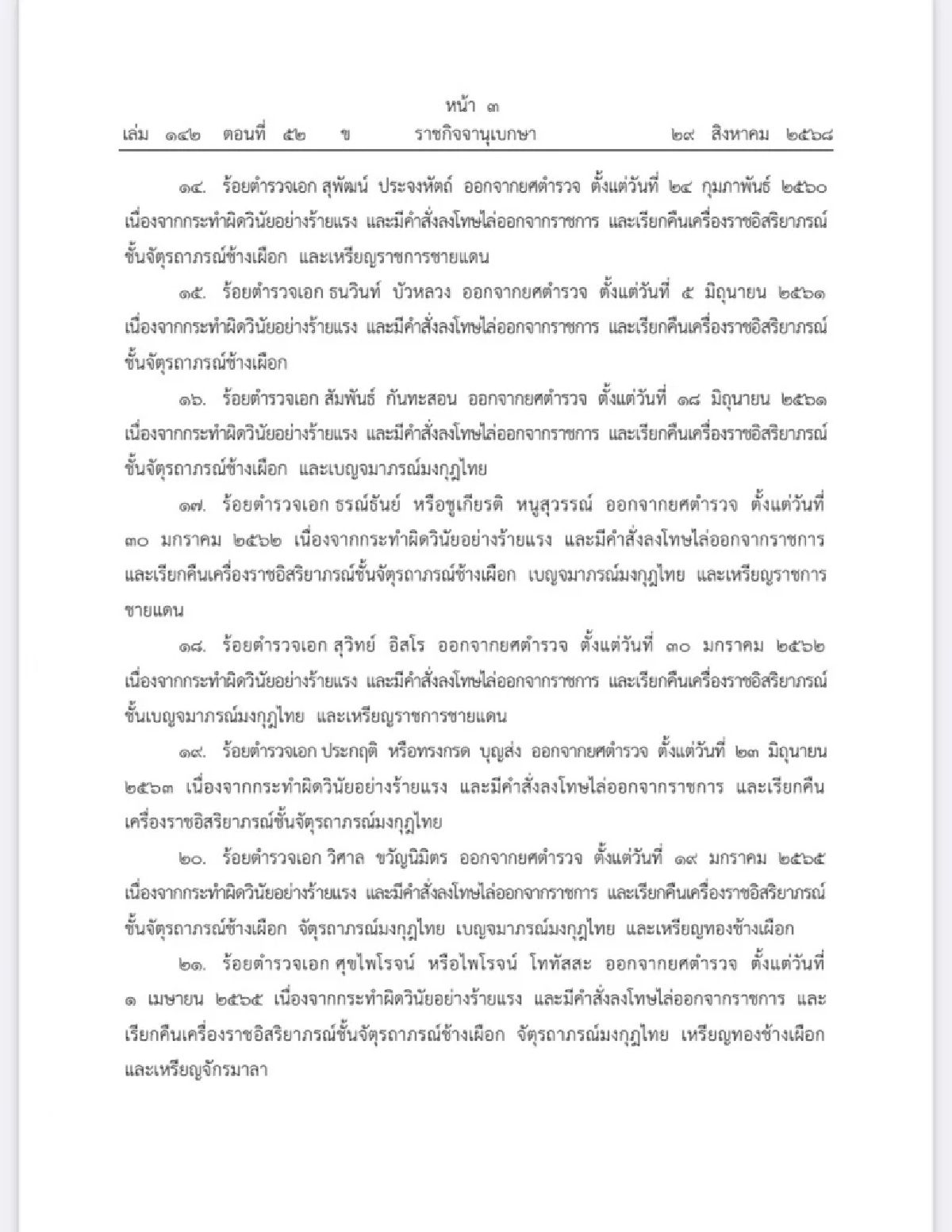 โปรดเกล้าฯ ถอดยศตำรวจ-เรียกคืนเครื่องราชอิสริยาภรณ์ จำนวน 34 ราย