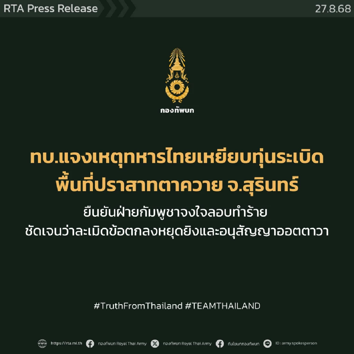 กองทัพบก ชี้ กัมพูชา จงใจวางทุ่นระเบิด พฤติกรรมสวนทาง ข้อตกลงหยุดยิง