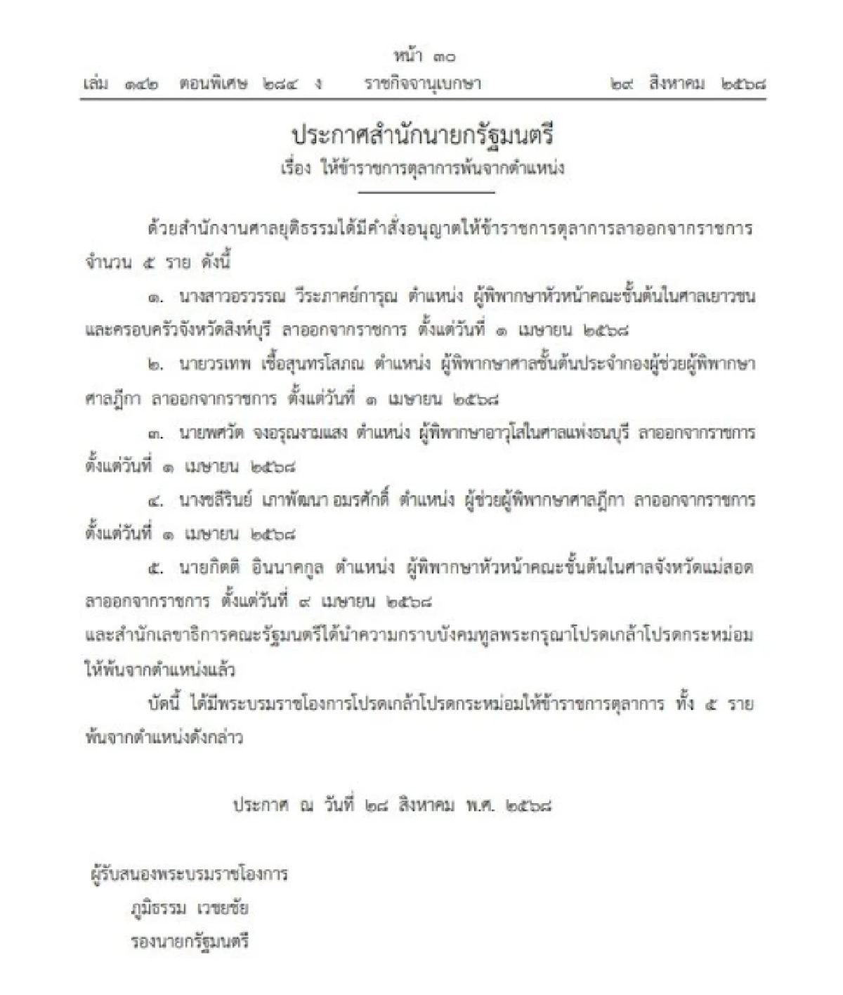 โปรดเกล้าฯ ให้ \"ข้าราชการตุลาการพ้นจากตำแหน่ง\" จำนวน 5 ราย