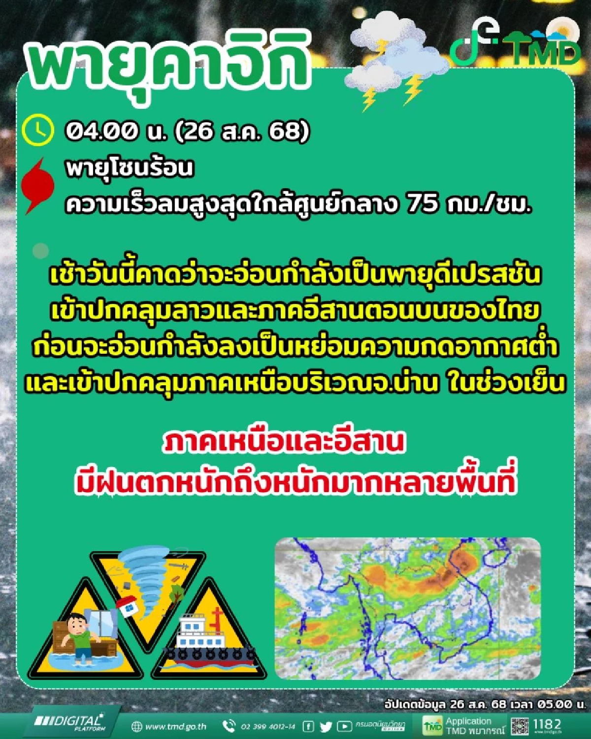 อุตุฯ ประกาศ ฉ.15 พายุ \"คาจิกิ\" เตือน 13 จังหวัด เตรียมรับมือ ฝนตกหนักมาก