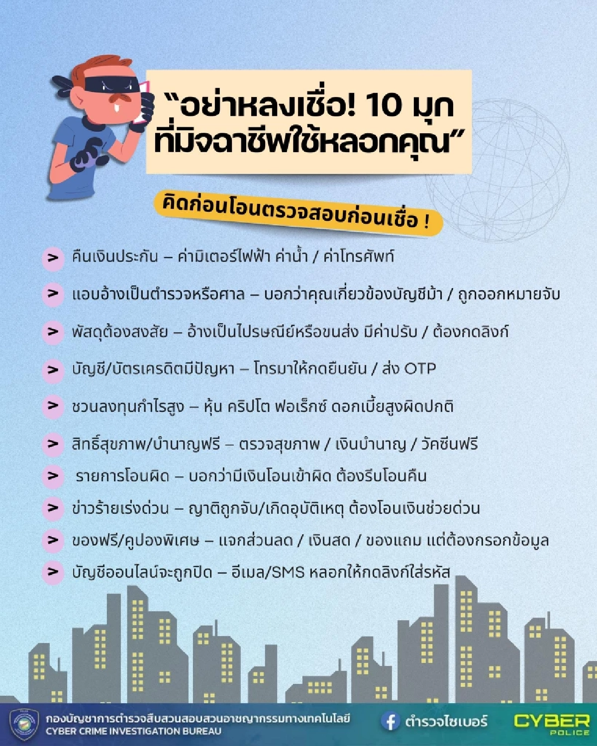 ตำรวจไซเบอร์ เปิด 10 มุกยอดฮิต ที่มิจฉาชีพมักใช้หลอกคุณ