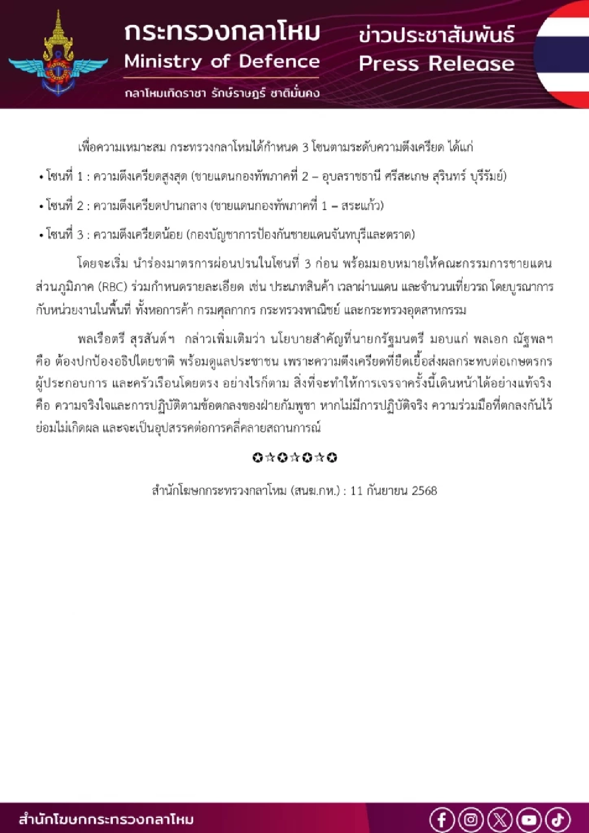 กลาโหม ย้ำ ขณะนี้ยังไม่มีการเปิดด่าน ชายแดนไทย-กัมพูชา แค่หารือเชิงหลักการ