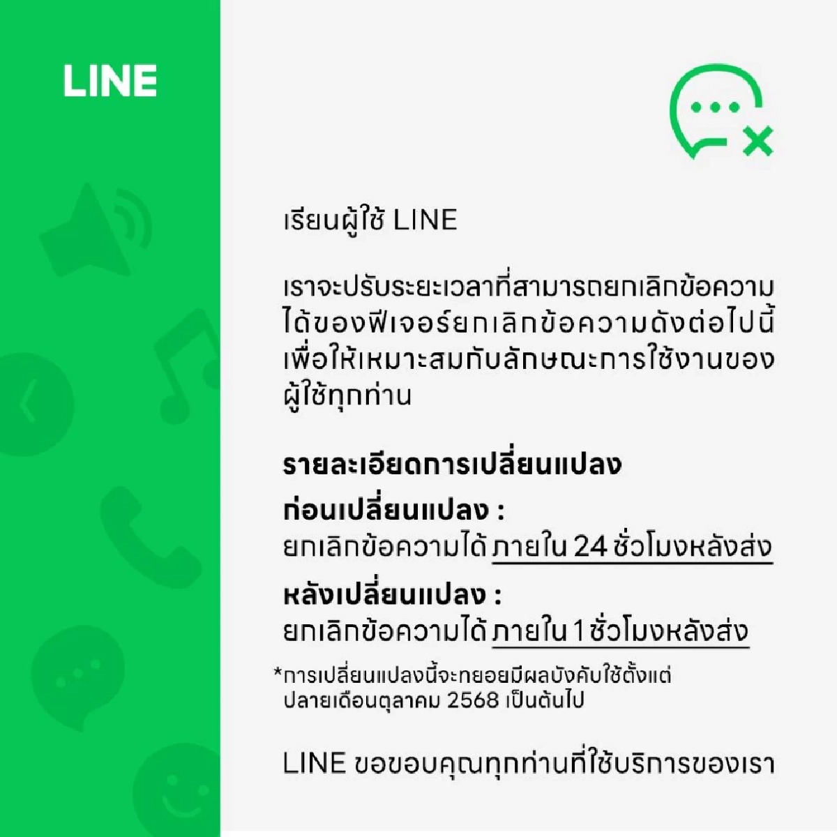 LINE ปรับเวลาให้ยกเลิกข้อความ จาก 24 ชั่วโมง เหลือ 1 ชั่วโมงหลังส่ง
