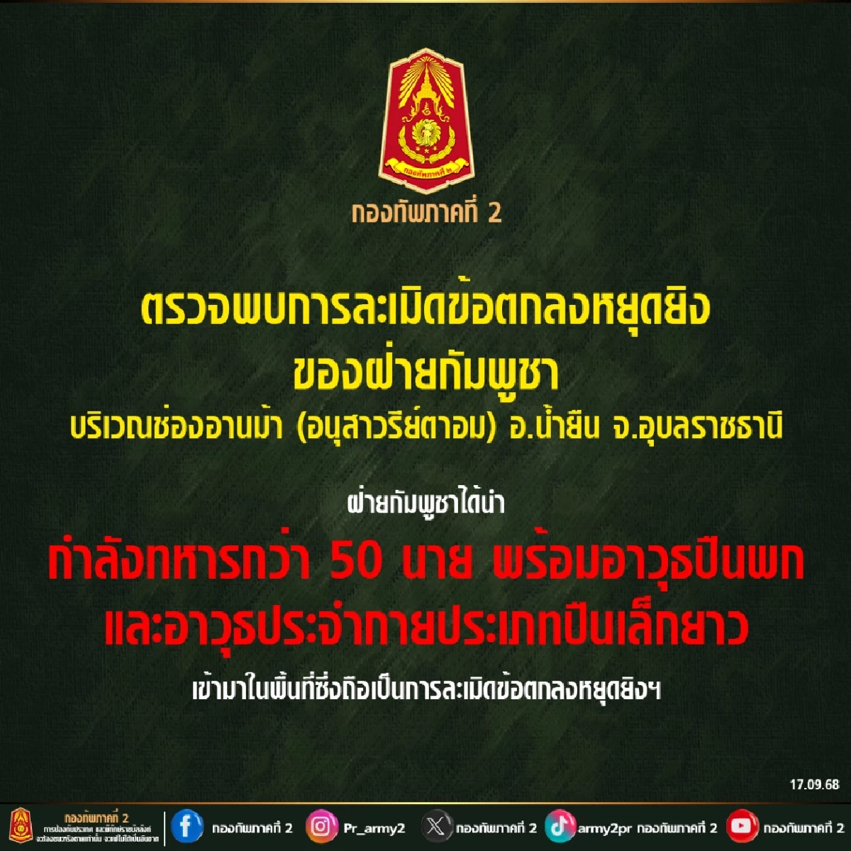 ยั่วยุ ล่วงล้ำ! พบทหารเขมร 50 นาย พร้อมอาวุธ เข้ามาในพื้นที่