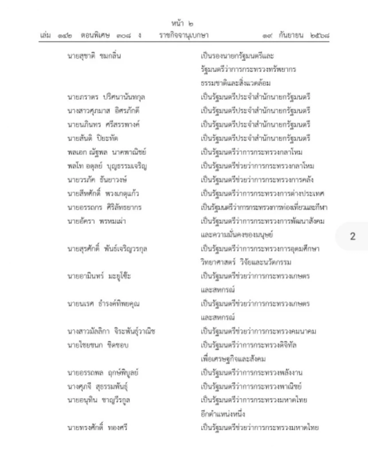 โปรดเกล้าฯ ครม. เช็กรายชื่อ 36 รมต. \"อนุทิน\" นายกฯควบ มท.1