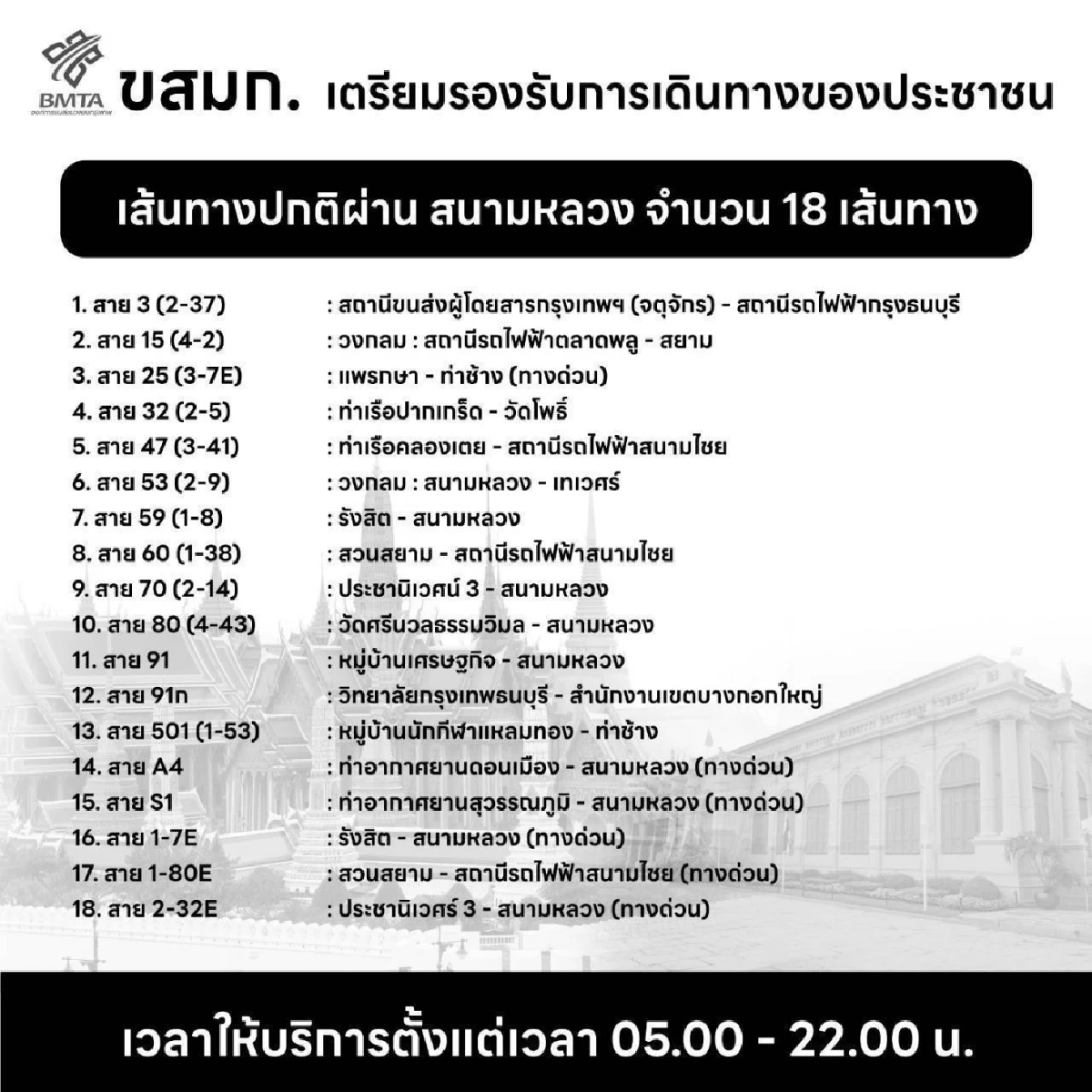 เริ่มวันนี้ \"รถเมล์ฟรี\" ไปสนามหลวง เชื่อมรถไฟฟ้า-สถานีขนส่งฯ เช็กเส้นทางได้ที่นี่!