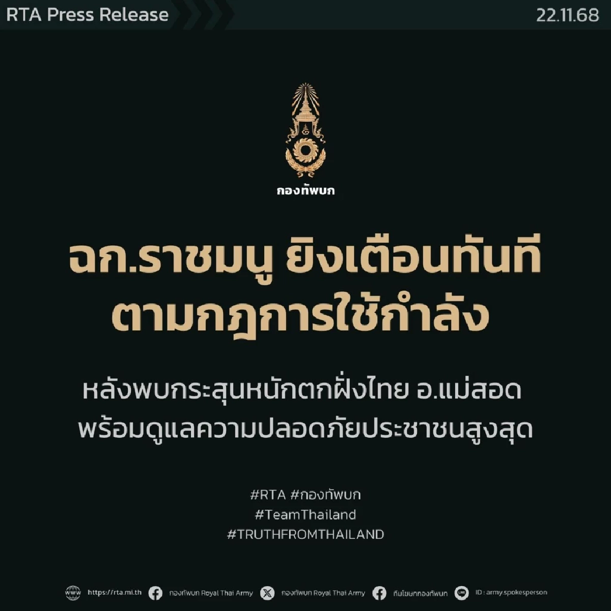 ฉก.ราชมนู ยิงเตือนทันทีตามกฎการใช้กำลัง กระสุนล้ำแดนไทย อ.แม่สอด