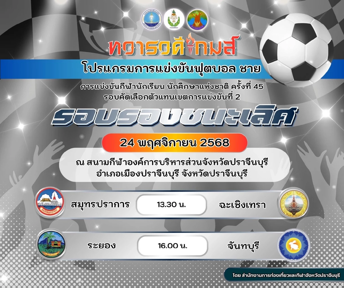 สรุป 4 ทีม เข้ารอบรองชนะเลิศ การแข่งขันฟุตบอลชาย \"ทวารวดีเกมส์\"