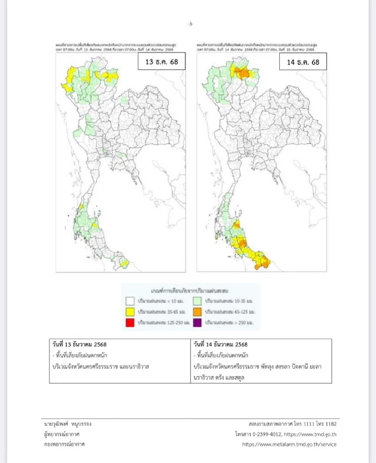 กรมอุตุฯ เตือนฉบับล่าสุด ภาคใต้ฝนตกหนักมาก มีผลกระทบถึง 16 ธ.ค. 68