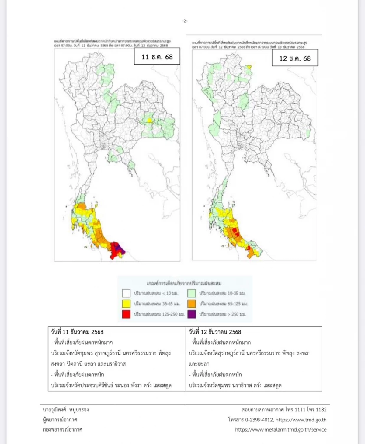 กรมอุตุฯ เตือนฉบับล่าสุด ภาคใต้ฝนตกหนักมาก มีผลกระทบถึง 16 ธ.ค. 68
