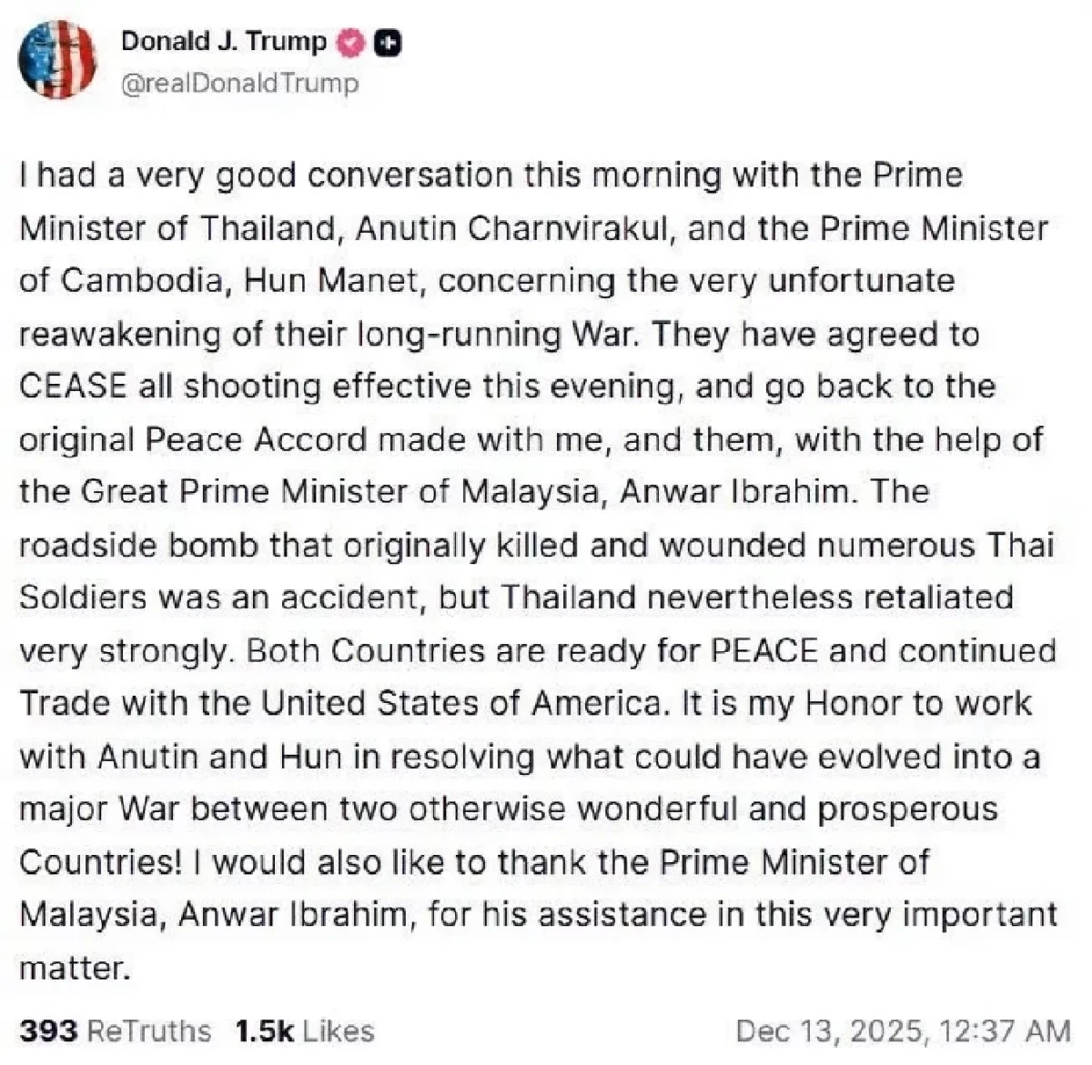 "ทรัมป์" โพสต์ "ไทย-กัมพูชา" จะหยุดยิง หลังคุยผู้นำ 2 ประเทศ