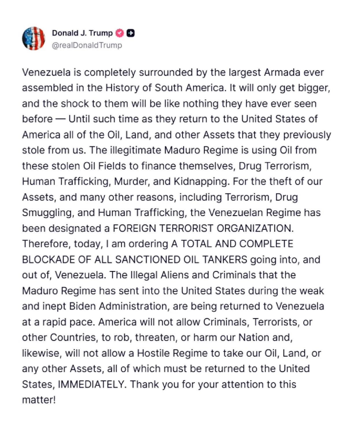 "ทรัมป์" สั่งปิดล้อมเรือน้ำมันเวเนซุเอลา ปิดทางเข้า-ออกทุกลำ!
