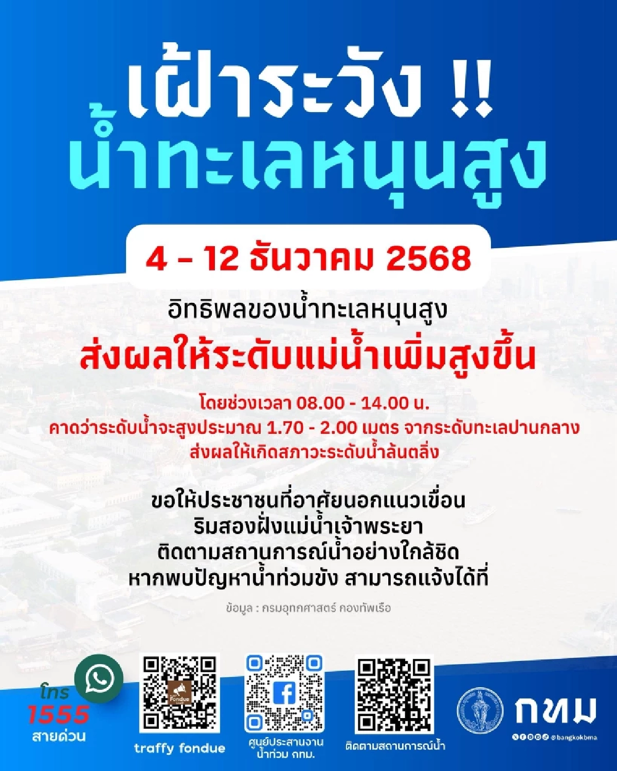 กทม. เตือน ปชช. ริมสองฝั่งเจ้าพระยา เฝ้าระวัง น้ำทะเลหนุนสูง 4 - 12 ธ.ค. 68