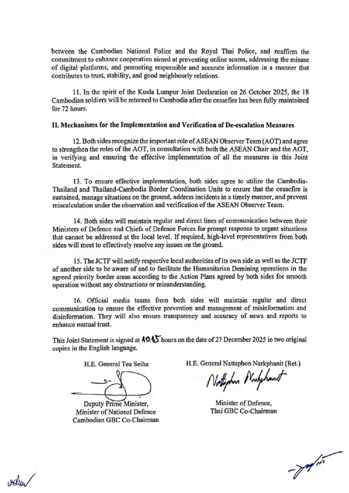 ประชุม GBC ไทย-กัมพูชา (ล่าสุด) หยุดยิง 72 ชั่วโมง เปิด 16 ข้อตกลง มีอะไรบ้าง?