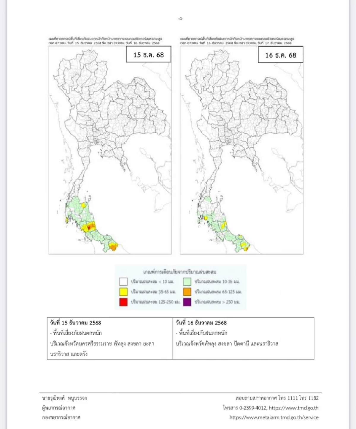 กรมอุตุฯ เตือนฉบับล่าสุด ภาคใต้ฝนตกหนักมาก มีผลกระทบถึง 16 ธ.ค. 68